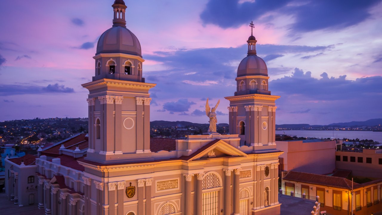 View of Cathedral of Nuestra Senora de la Asuncion, Santiago de Cuba in Cuba on a sunny day